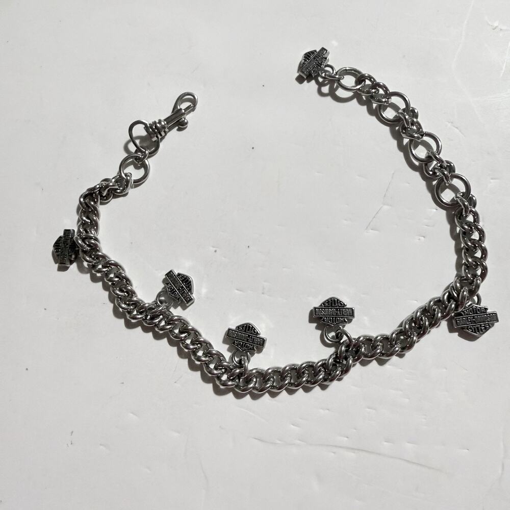 Vintage Harley Davidson Boot Chain Heavy Silver-Toned With Bar & Shield Charms